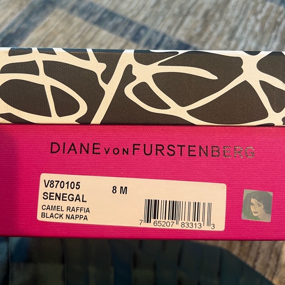Diane Von Furstenberg Senegal Camel Raffia Black Nappa Wedges Sz. 8M - Picture 6 of 6